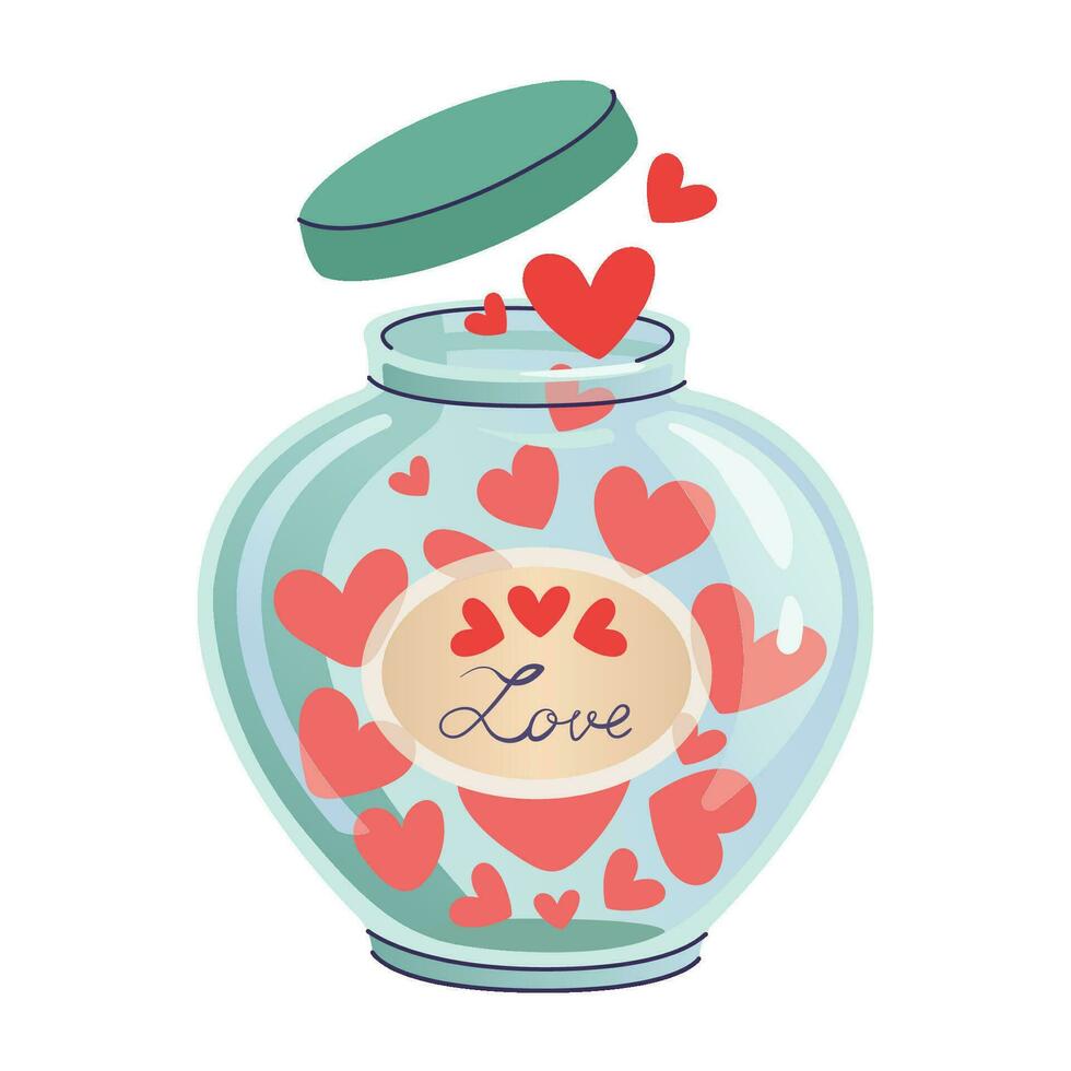 Open glass jar with hearts. Concept of love, Valentine's Day, and charity. Hand-drawn vector illustration of jar full with love messages for postcard, banner, decor, poster, invitation, greeting card.