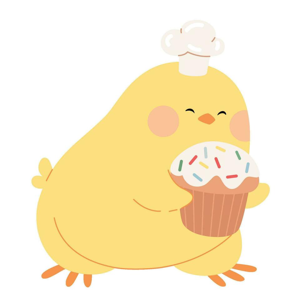Cute chicken with Easter cake wearing a chef's hat for easter design. Little yellow cartoon chick character. Vector illustration for stickers, invitations, cards, scrapbooking, and packaging design.