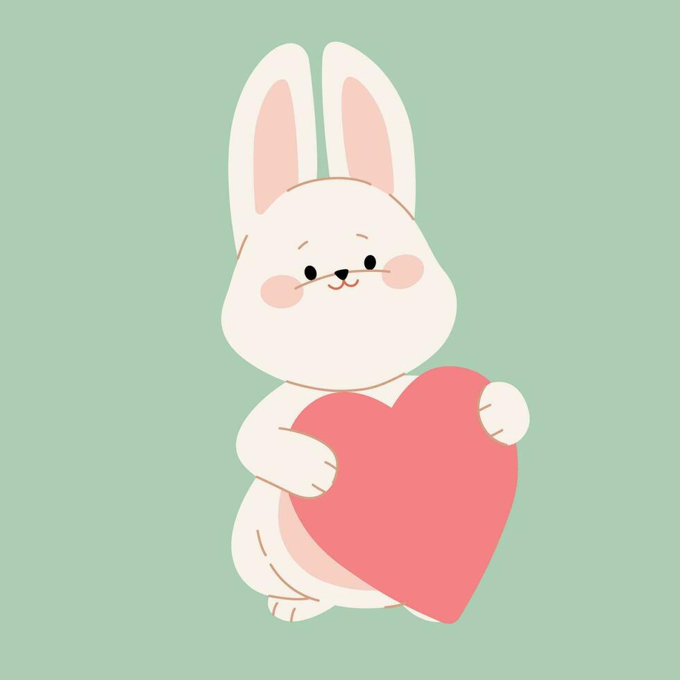 A cute white bunny rabbit holds a red heart. Flat cartoon hare character for Happy Valentine's Day, Easter greeting card, invitation, sticker, banner. Vector illustration.
