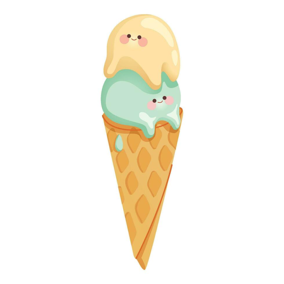 Cute Ice cream balls in wafer cones with smiling faces. Ice cream two scoops cartoon characters. Vector illustration.