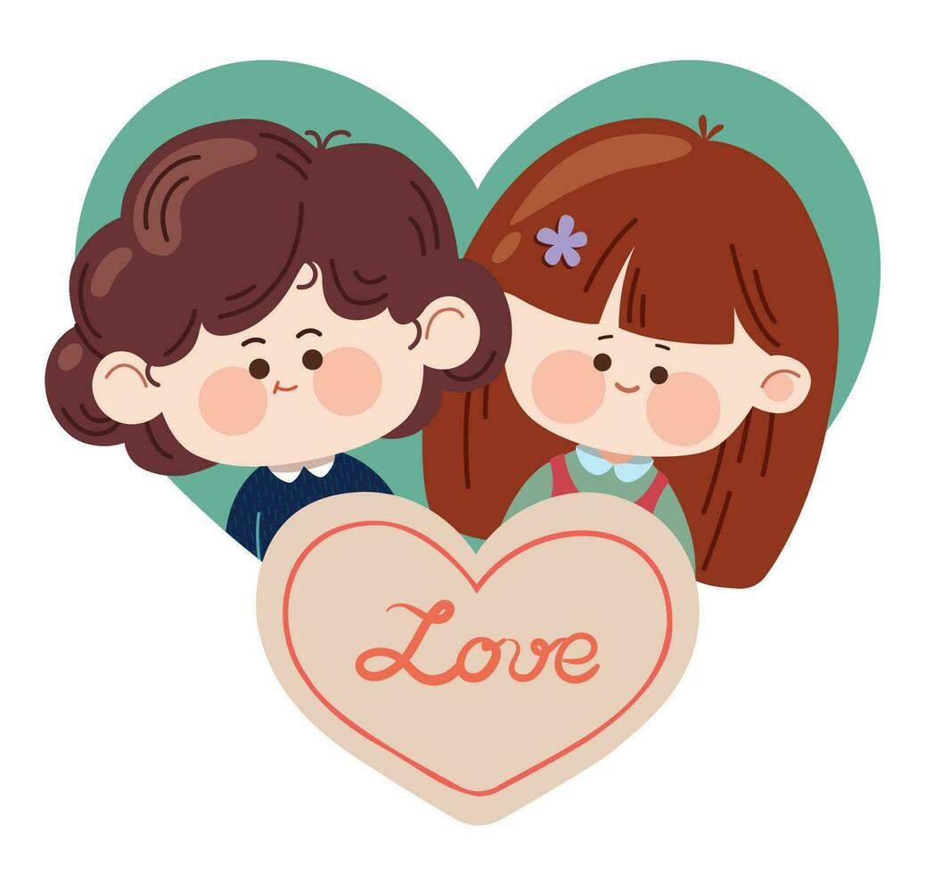 Cute couple lovers, a girl and boy on the heart background. Heart shaped Valentine's Day card with cartoon style kids characters. Vector illustration for greeting card, banner, sticker, and invitation