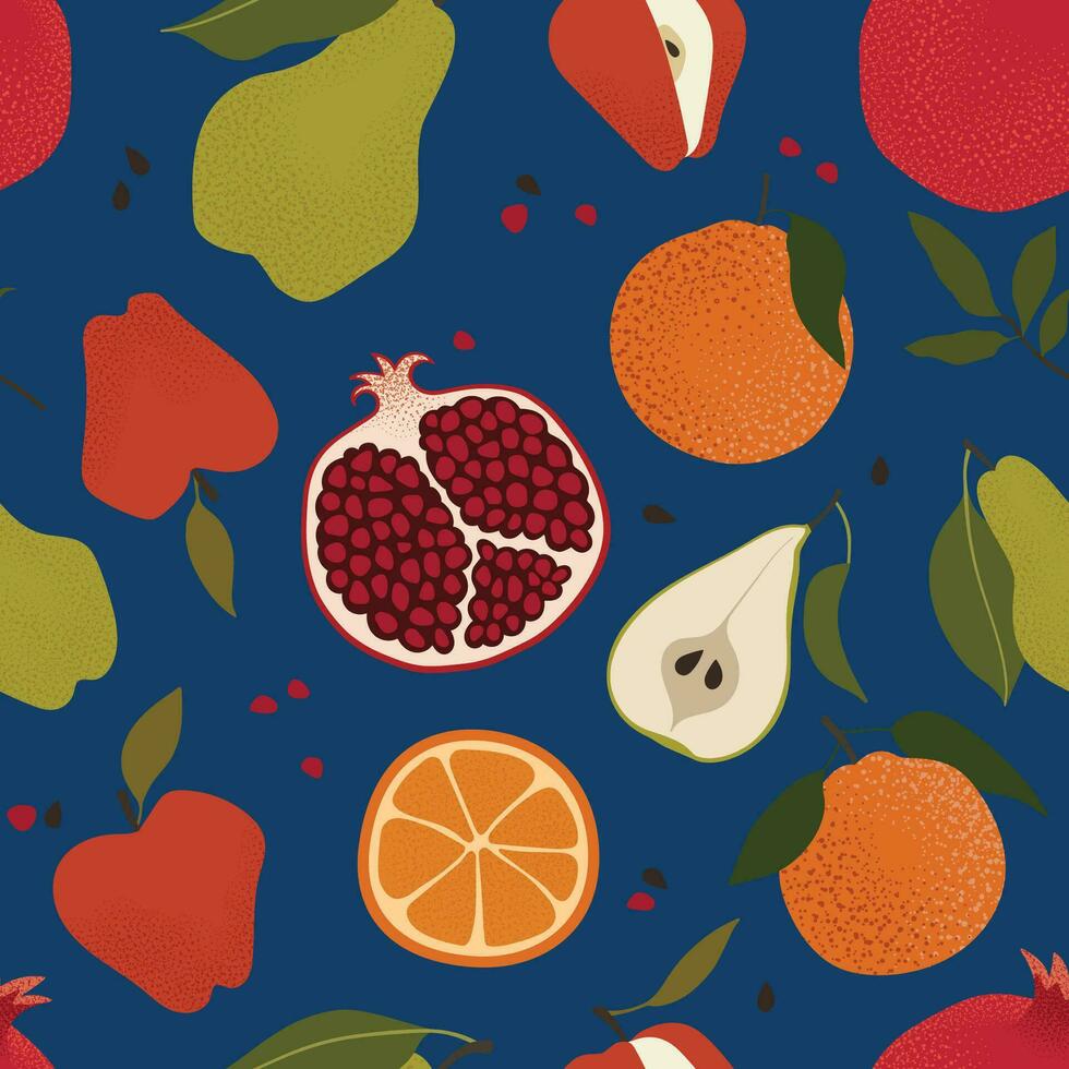 Fruits vector seamless pattern. Surface design with pomegranate, apple, pear, and orange on a white background. Modern abstract background for packaging, paper, cover, fabric, interior decor, etc.