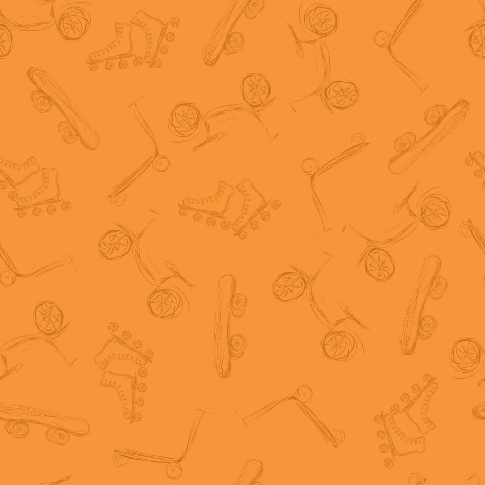 seamless pattern with sloppy sketches of sporting goods on orange background vector