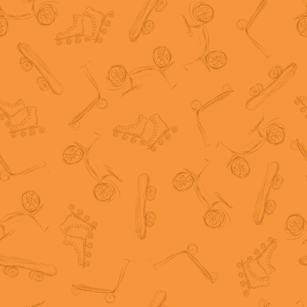 seamless pattern with sloppy sketches of sporting goods on orange background vector