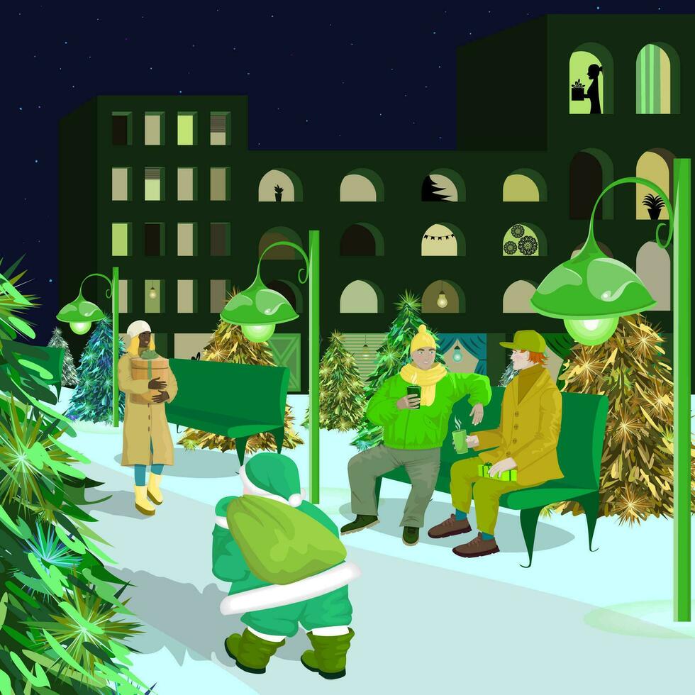 Vector illustration of an evening city, on the eve of the Christmas holidays, in green tones. Walks, meetings, communication, buying gifts, friendly atmosphere