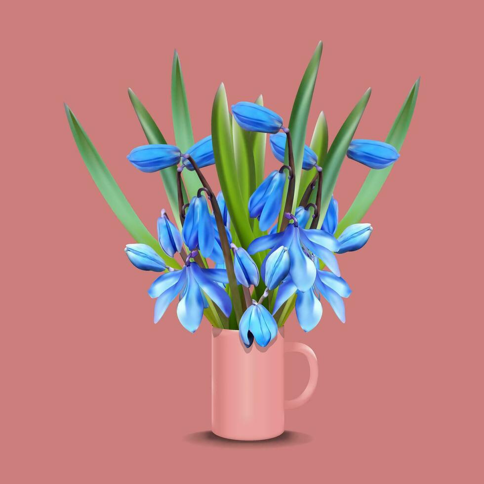 un ramo de flores de campanillas en un rosado taza en un rosado antecedentes vector