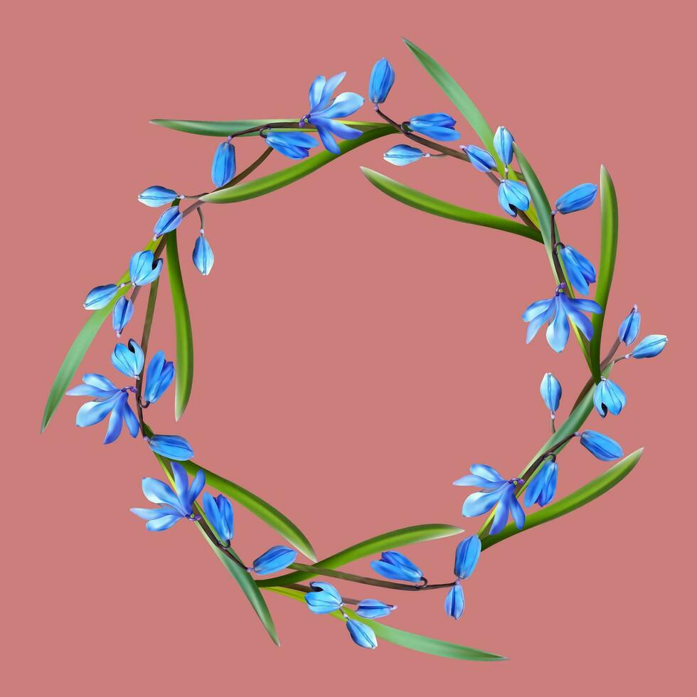 Wreath, frame of blue snowdrops on a pink background vector