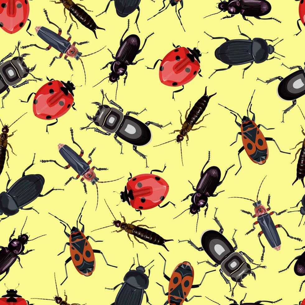 seamless patterns with the image of beetles on a yellow background vector