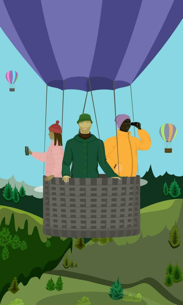 A cheerful company of friends travels, looks at the beautiful nature in a hot air balloon vector