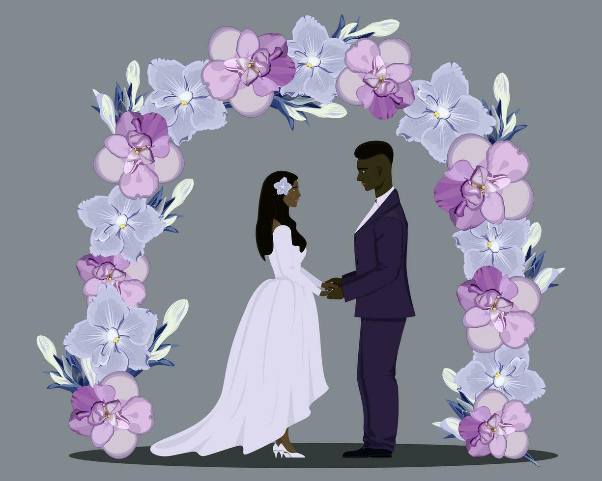 Newlyweds in love hold each other's hands under a floral arch in purple tones vector