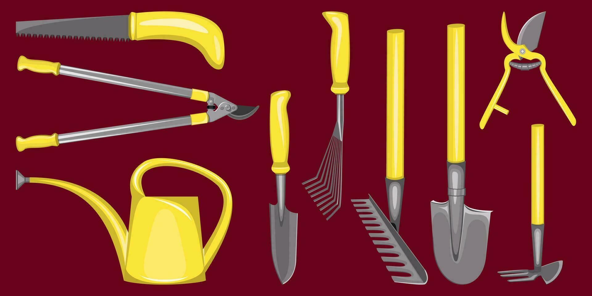 set of tools for gardening and vegetable gardening on cherry background vector