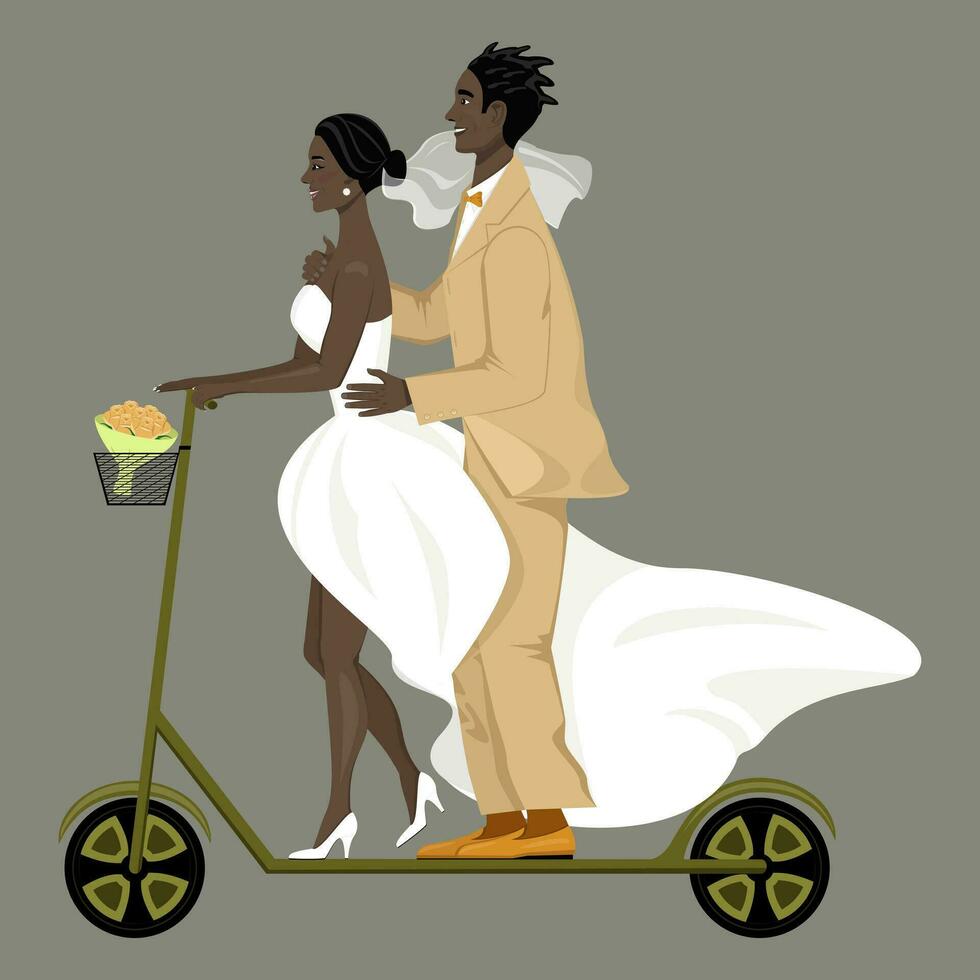 aislado imagen de contento recién casados montando un scooter, en gris antecedentes vector