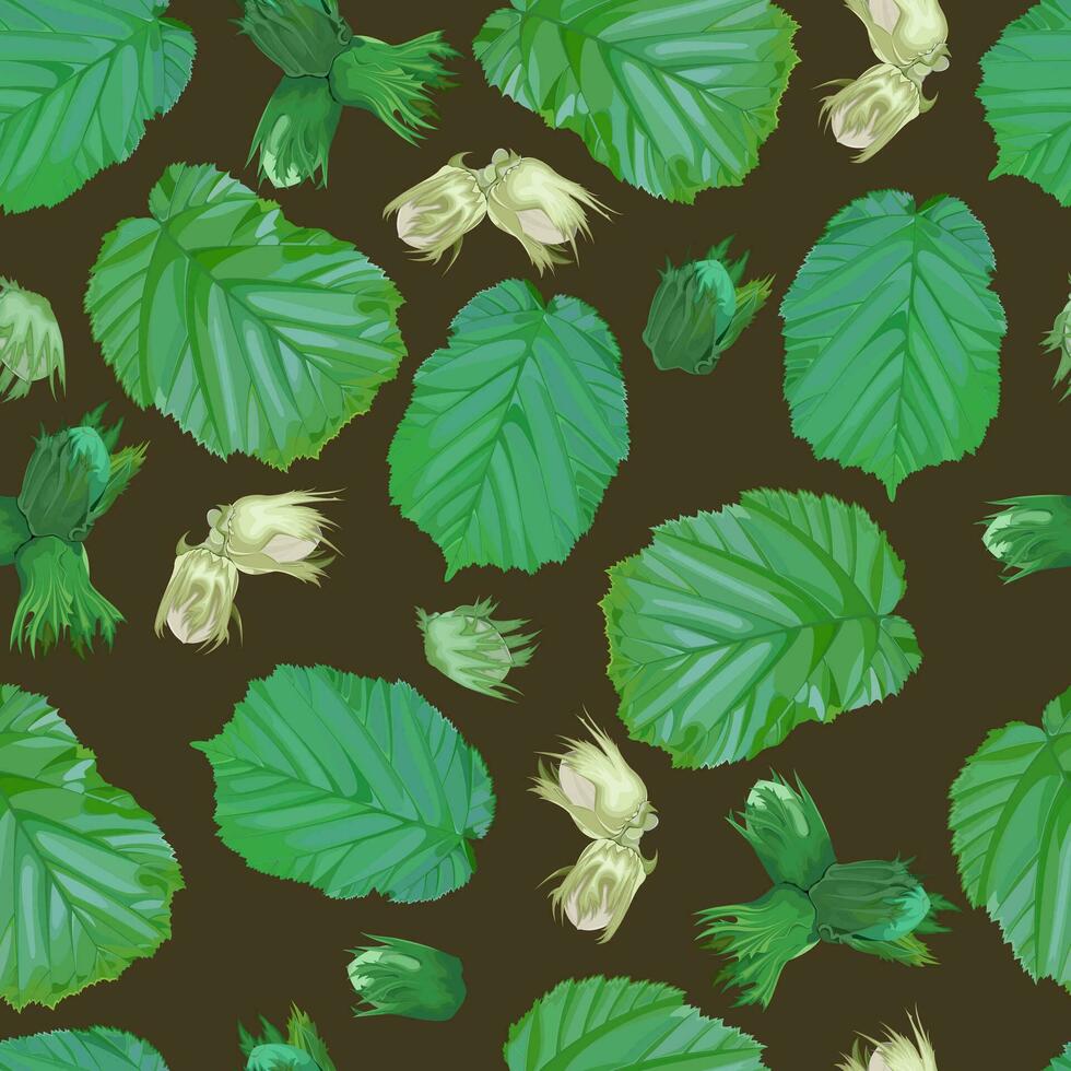 seamless pattern with hazelnuts and foliage on brown background vector