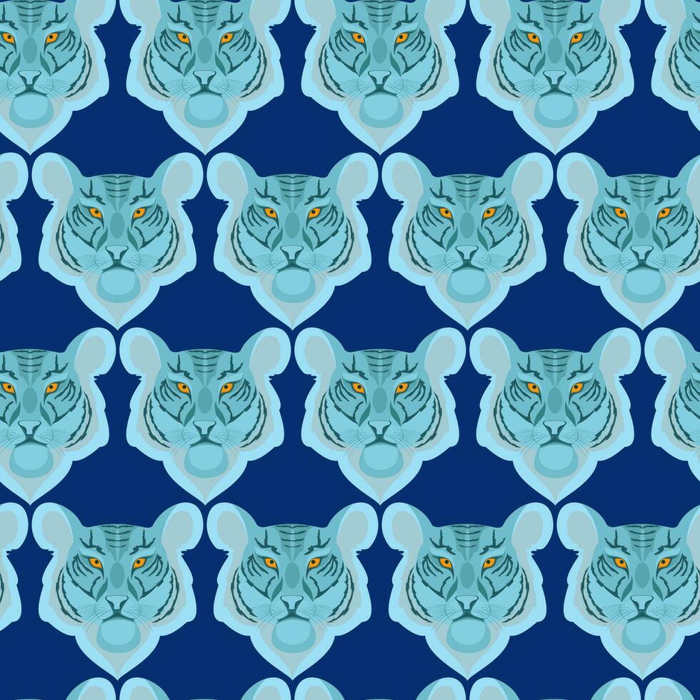 Seamless pattern with the head of a blue tiger on a blue background vector