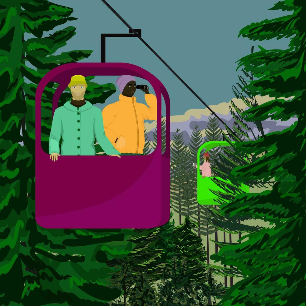 A group of young people ride a cable car in the forest vector