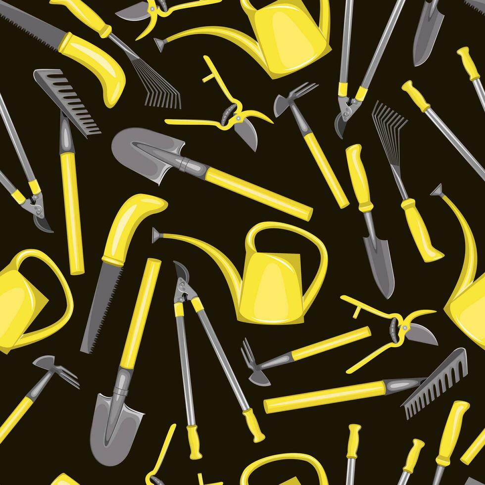 seamless pattern with gardening tools on brown background vector