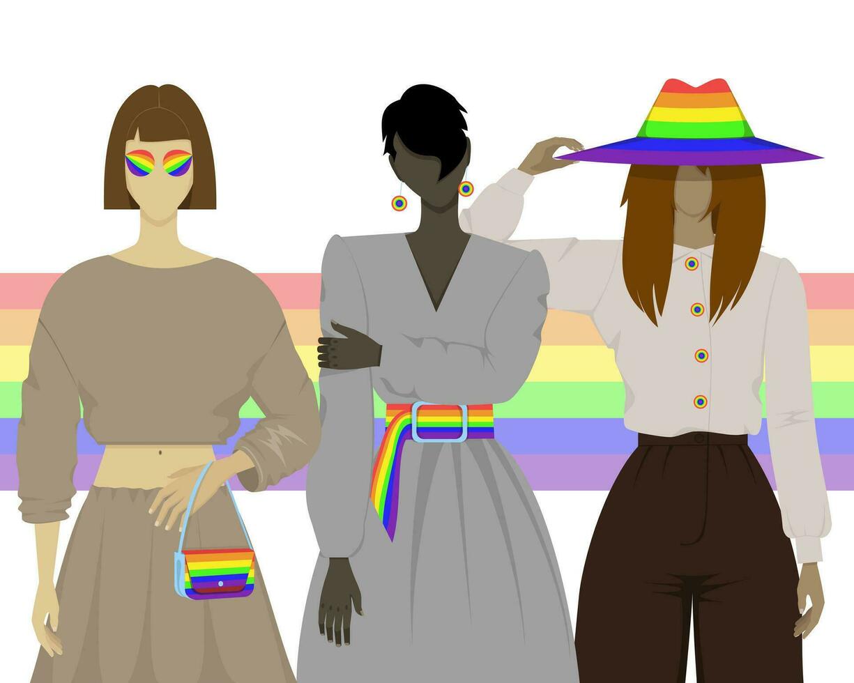 illustration with three people who are LGBT, on a white background with a rainbow vector