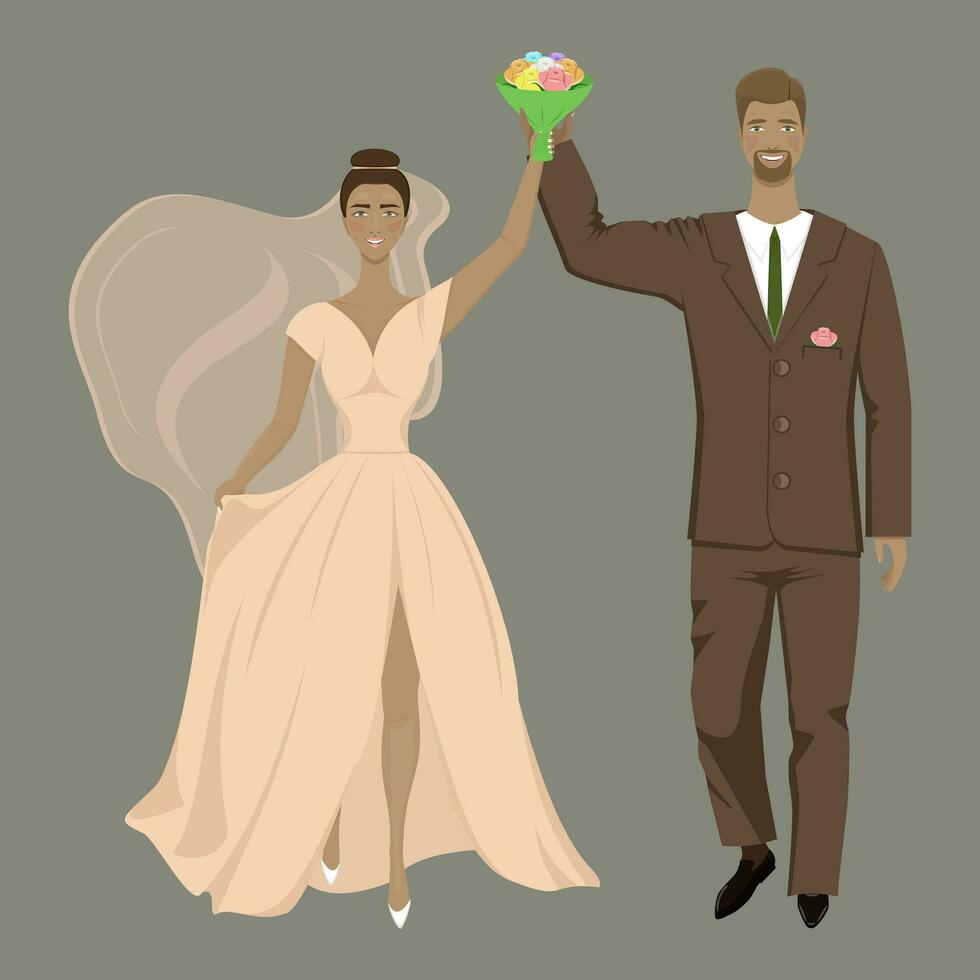 happy groom with bride holding bouquet in hands and smiling on gray background vector