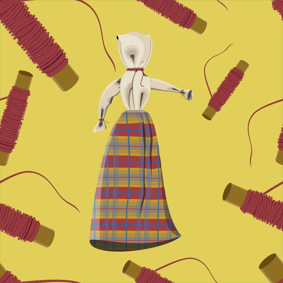 Seamless pattern with handmade doll and threads on a yellow background vector