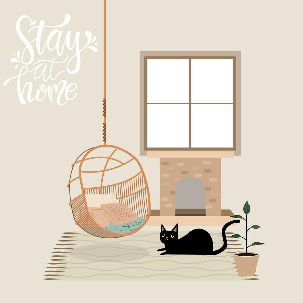 Colored hygge restroom scenario with fireplace and cat Vector illustration