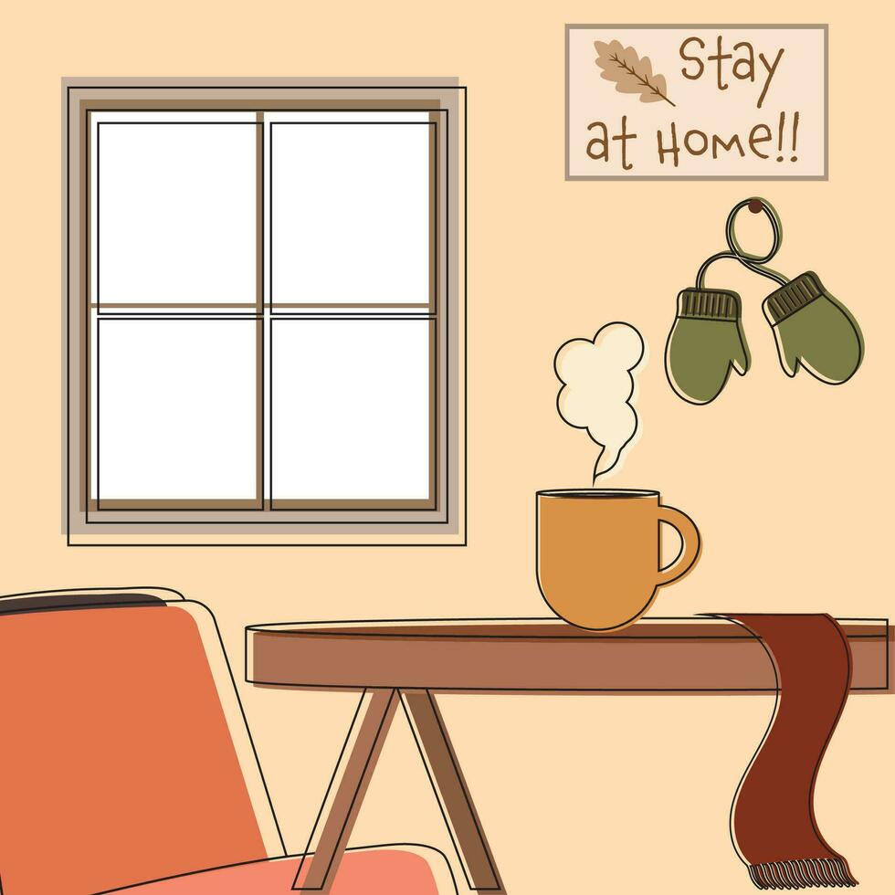Colored hygge scenario with hot coffee on a table Vector illustration