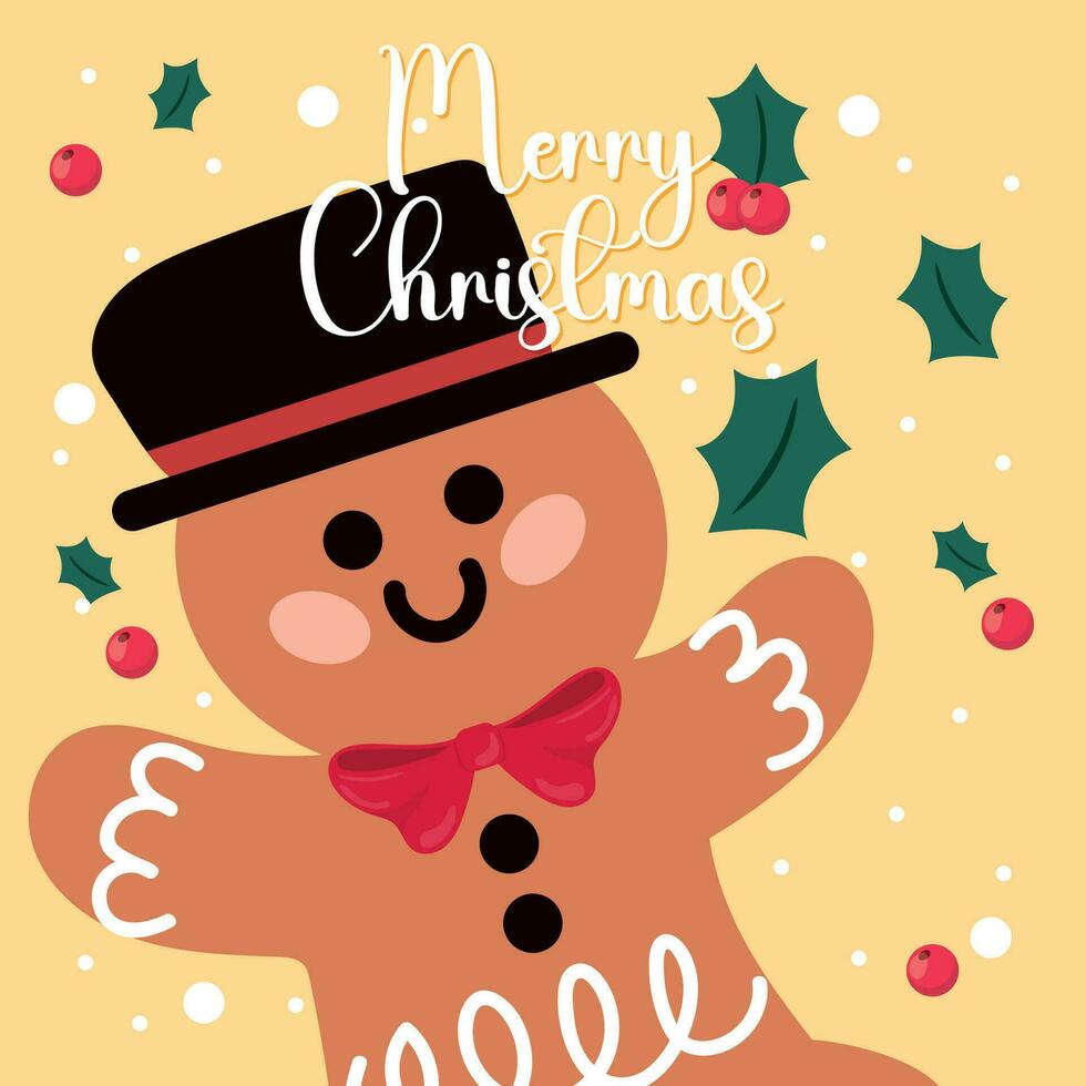 Christmas cute card with cute gingerbread cookie character Vector illustration