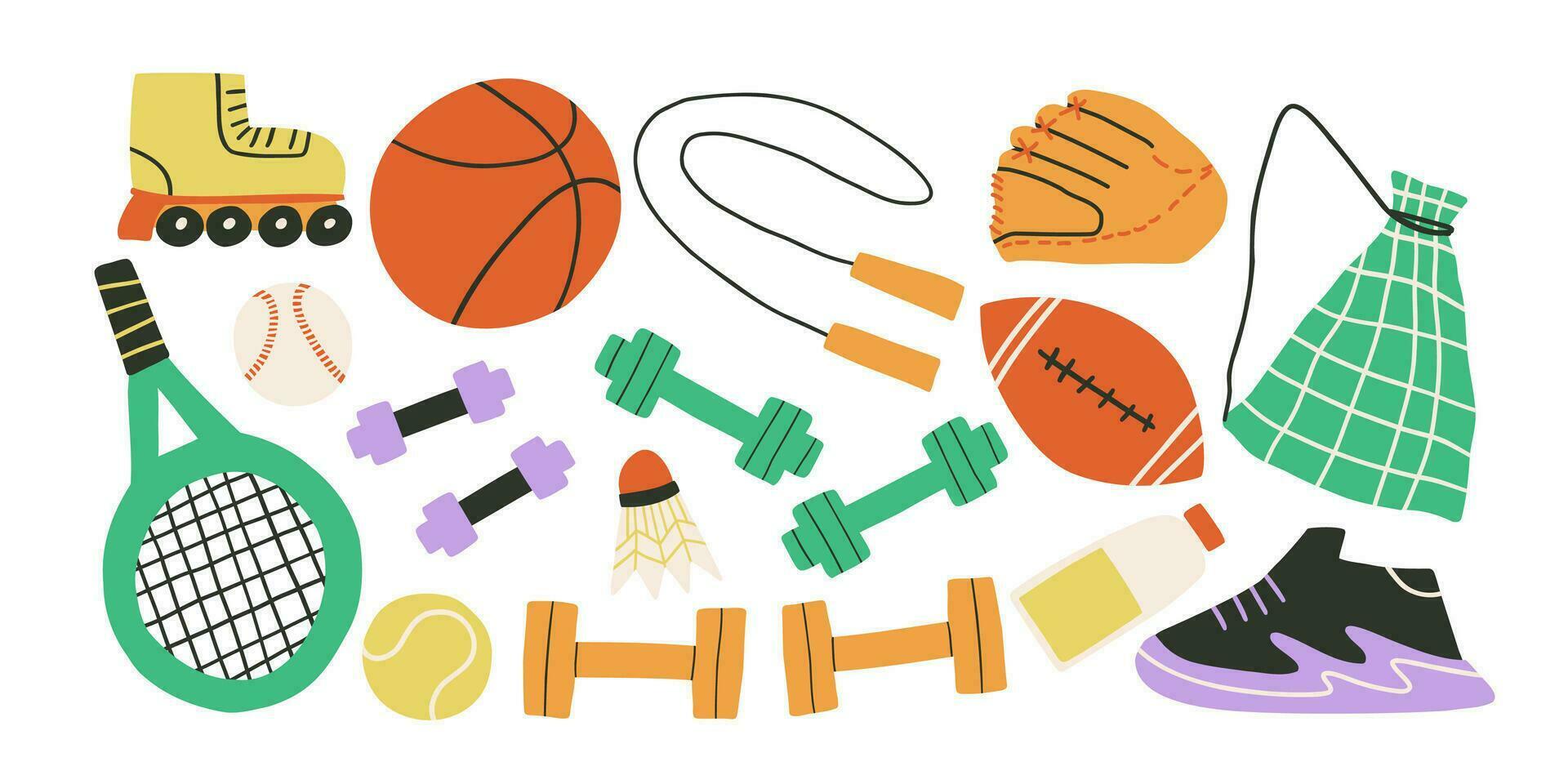 A set with sports equipment for exercises. Cross trainers, dumbbells, skipping rope, tennis racket, football, baseball, sports. Hand drawn flat style illustration. vector