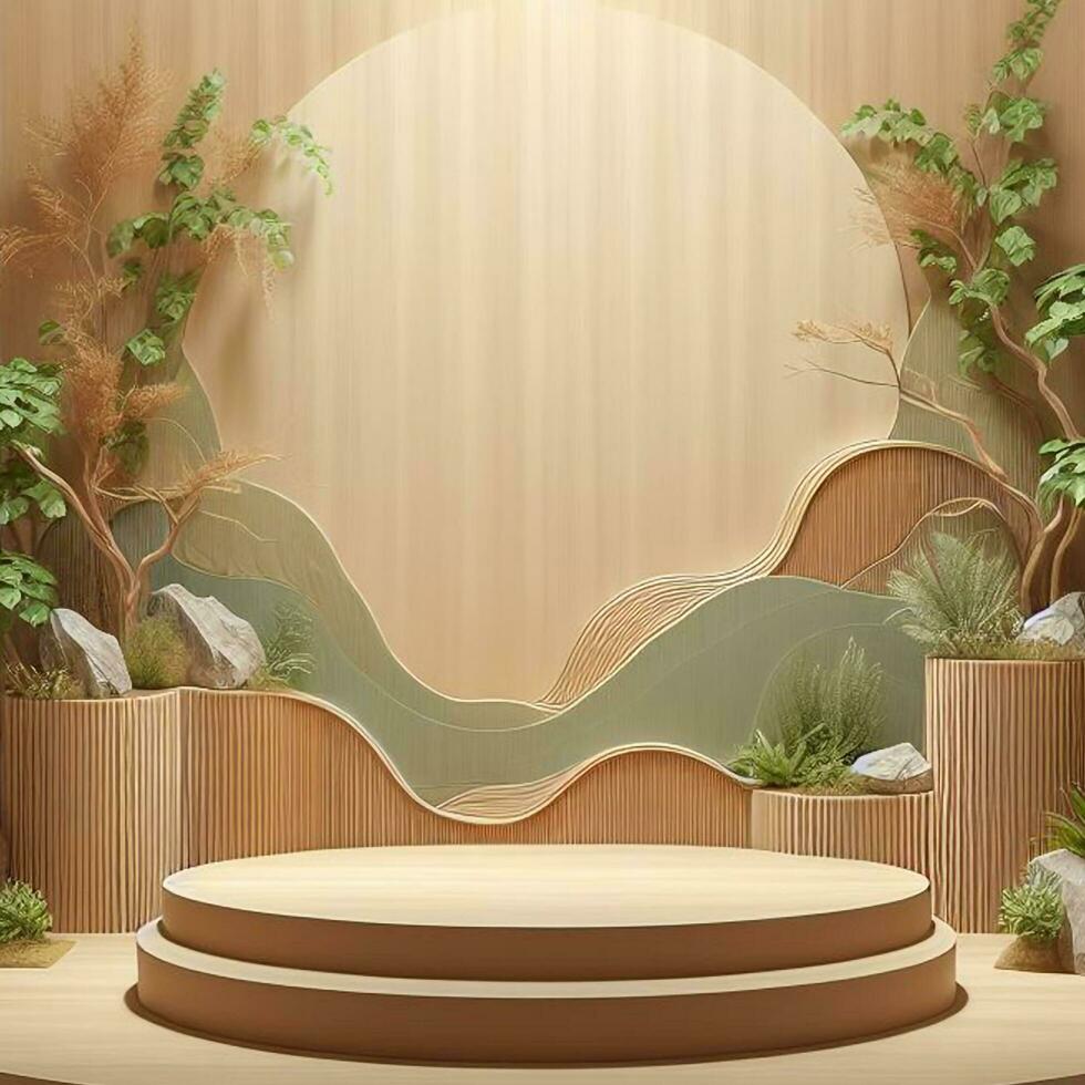 AI generated Wooden Display Podium with Plants and Wooden Wall photo