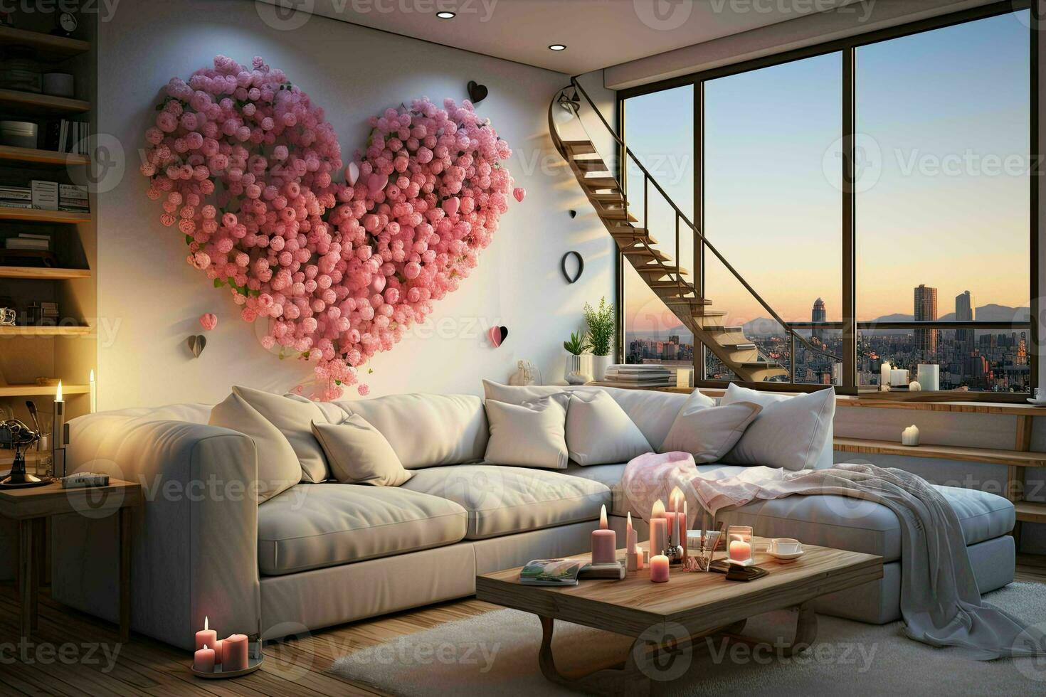 ai generado romántico retirada moderno San Valentín vivo habitación, moderno vivo habitación decorado para enamorado foto