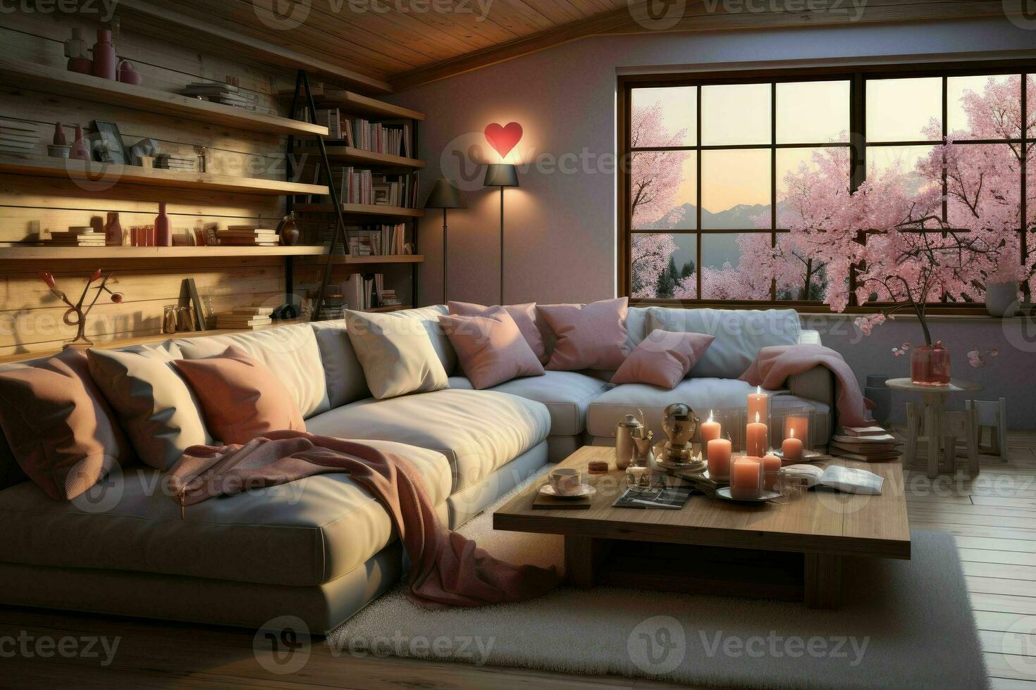 ai generado romántico retirada moderno San Valentín vivo habitación, moderno vivo habitación decorado para enamorado foto