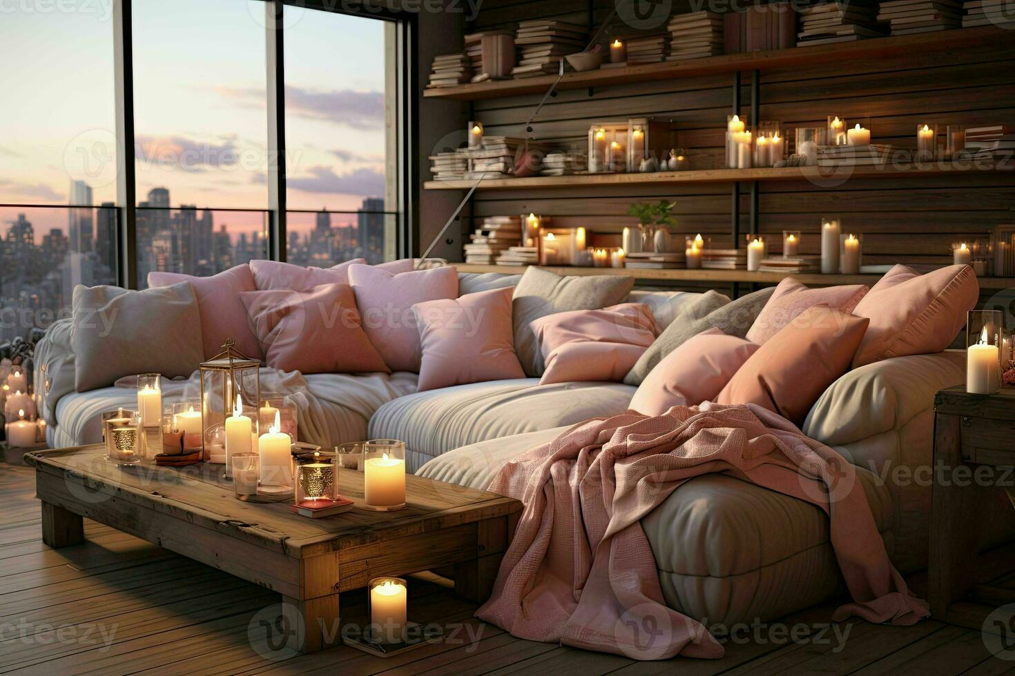 AI generated Romantic Retreat Modern Valentine's Living Room, modern living room decorated for valentine photo