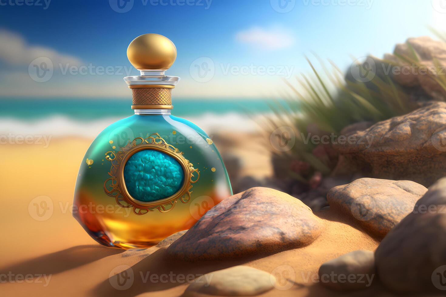 AI generated A glass bottle of perfume standing on a sea background. Neural network generated art photo