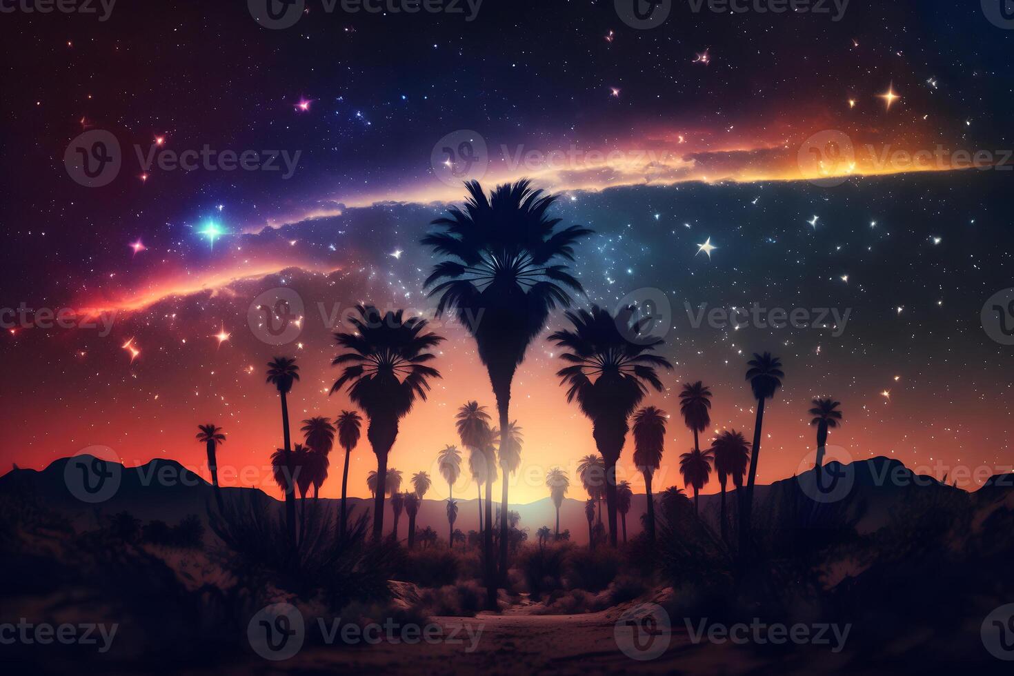 AI generated Fantasy futuristic night landscape with palm trees. Neural network AI generated art photo