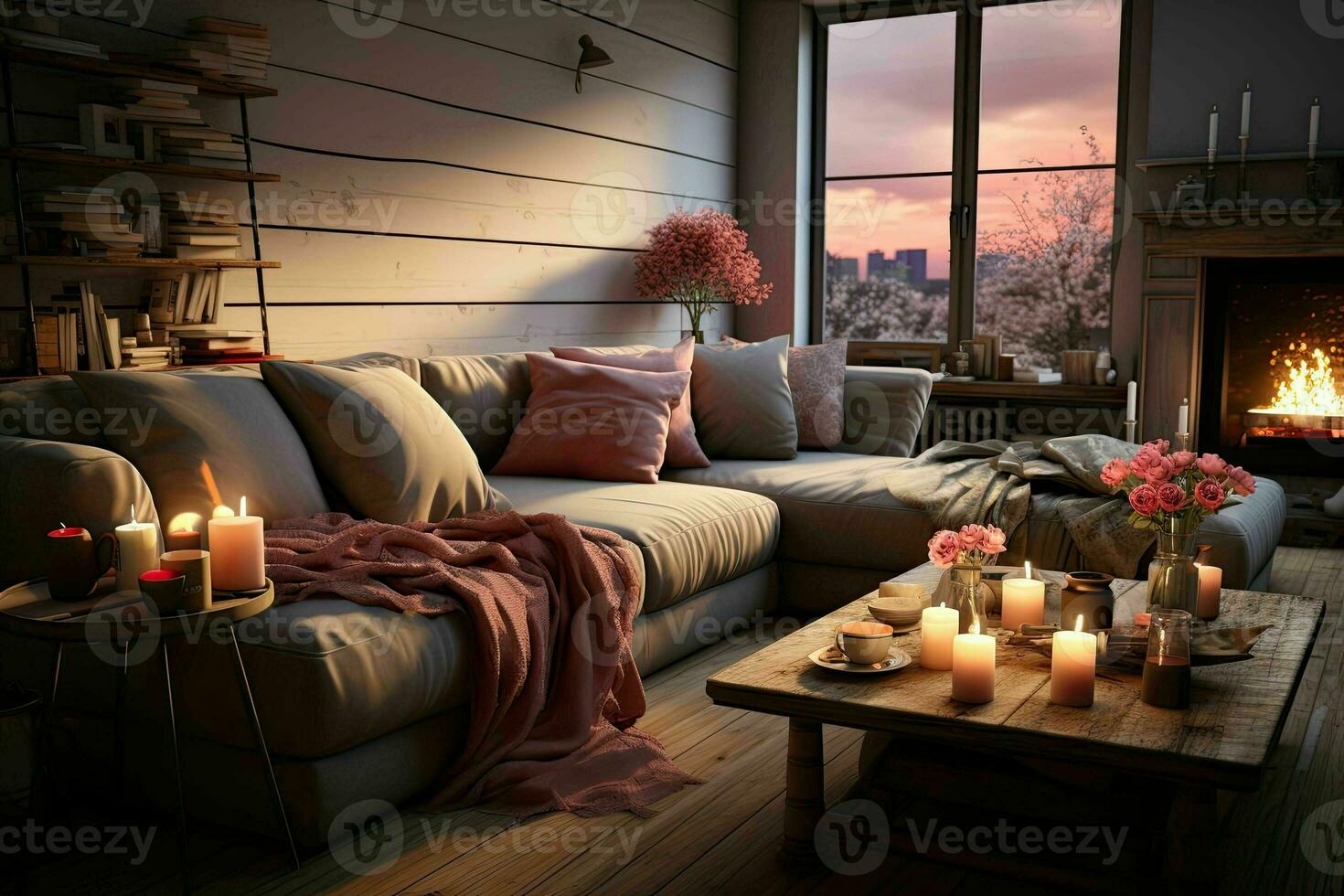 ai generado romántico retirada moderno San Valentín vivo habitación, moderno vivo habitación decorado para enamorado foto