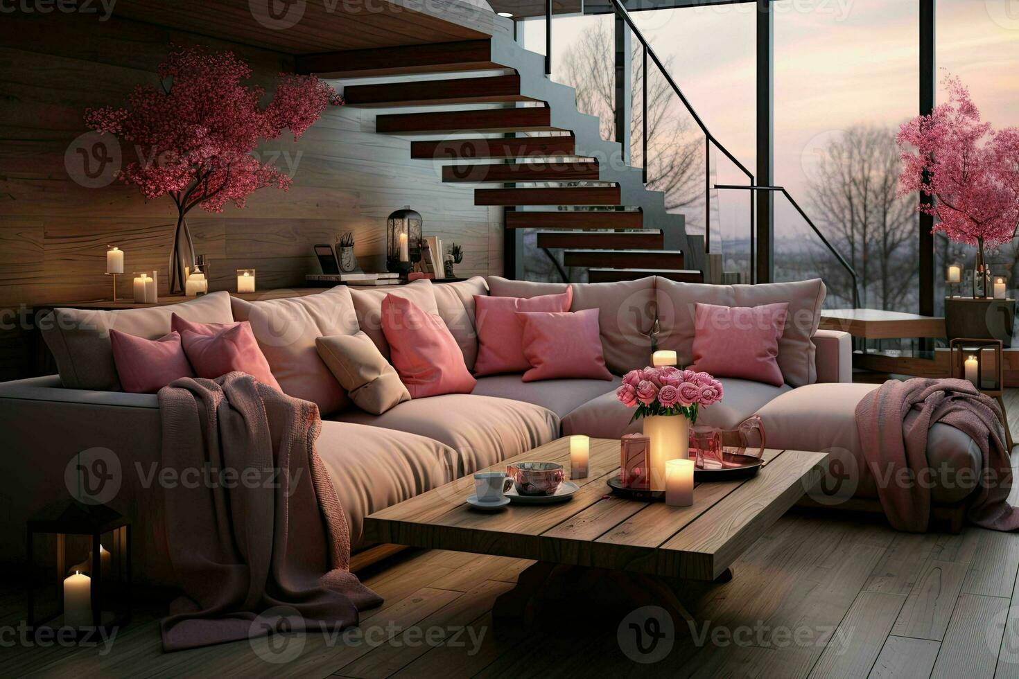 AI generated Romantic Retreat Modern Valentine's Living Room, modern living room decorated for valentine photo