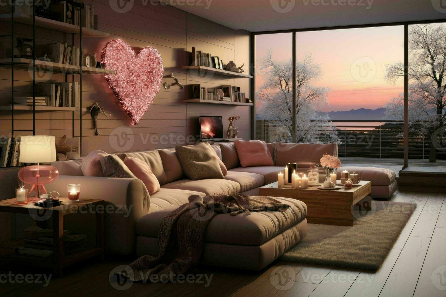 AI generated Romantic Retreat Modern Valentine's Living Room, modern living room decorated for valentine photo