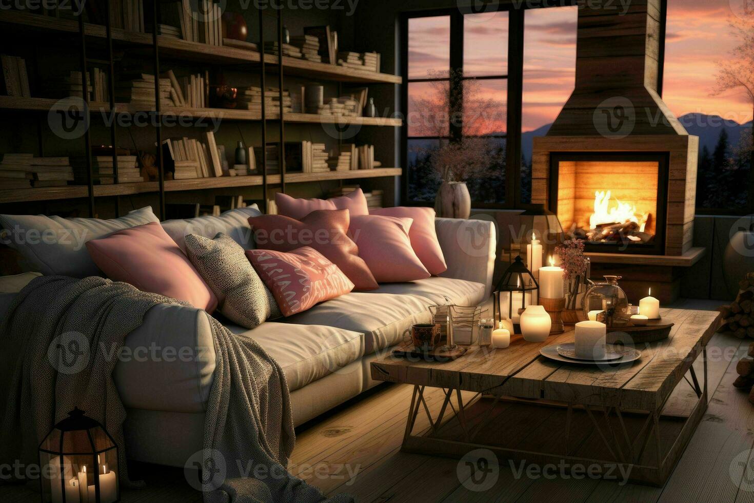 ai generado romántico retirada moderno San Valentín vivo habitación, moderno vivo habitación decorado para enamorado foto