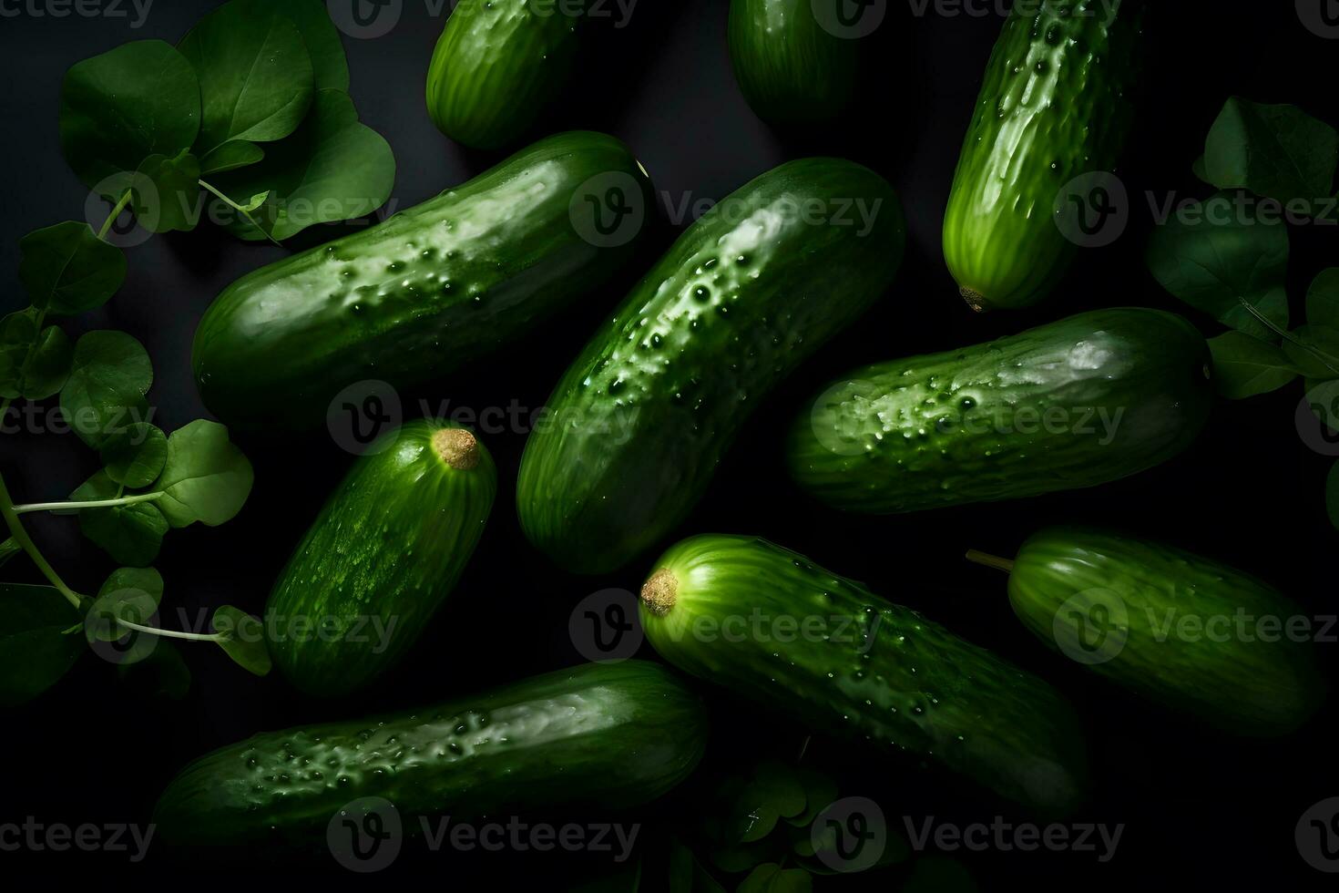 AI generated Fresh background with a set of cucumbers. Neural network AI generated photo