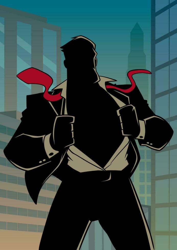 Superhero Under Cover in City Silhouette vector