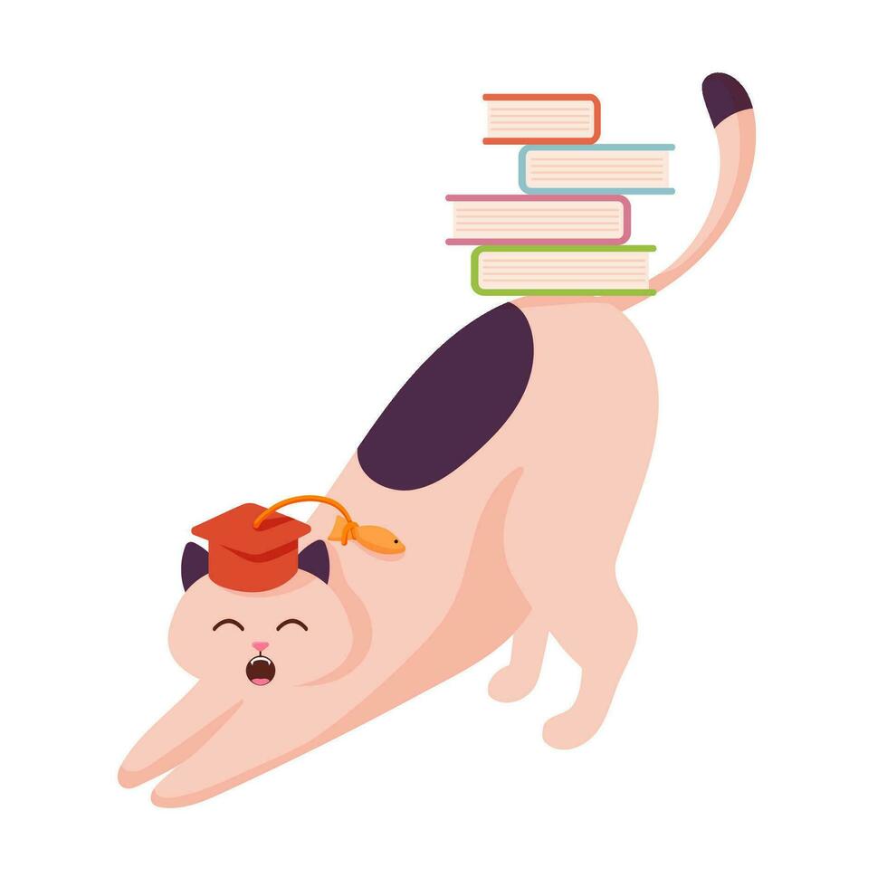 Cat character study with book in flat style. Stretching cat with books isolated on a white background. vector