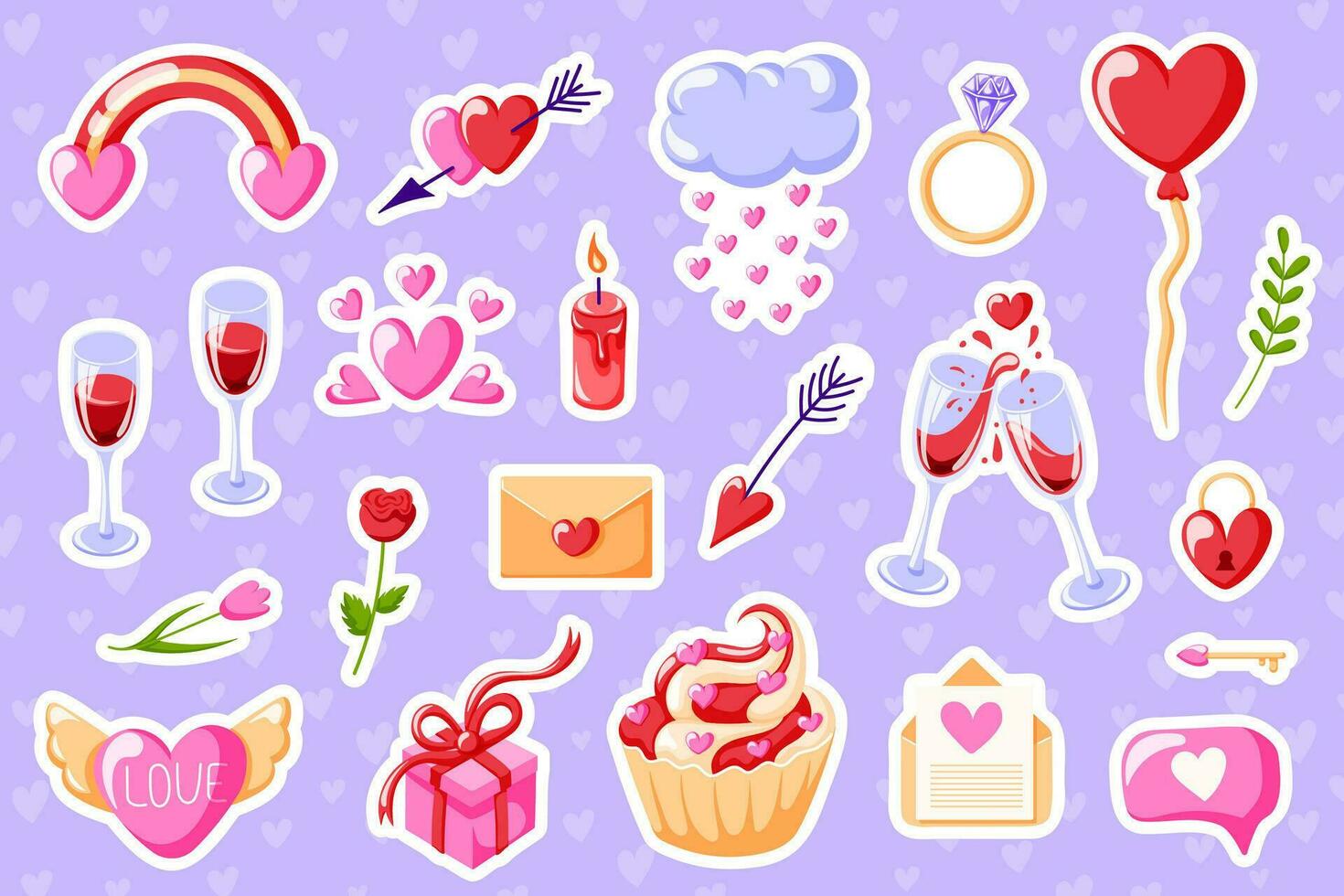 Sticker set for love Valentines Day in cartoon style. Flowers, hearts, wine. Vector illustration isolated on a violet background.