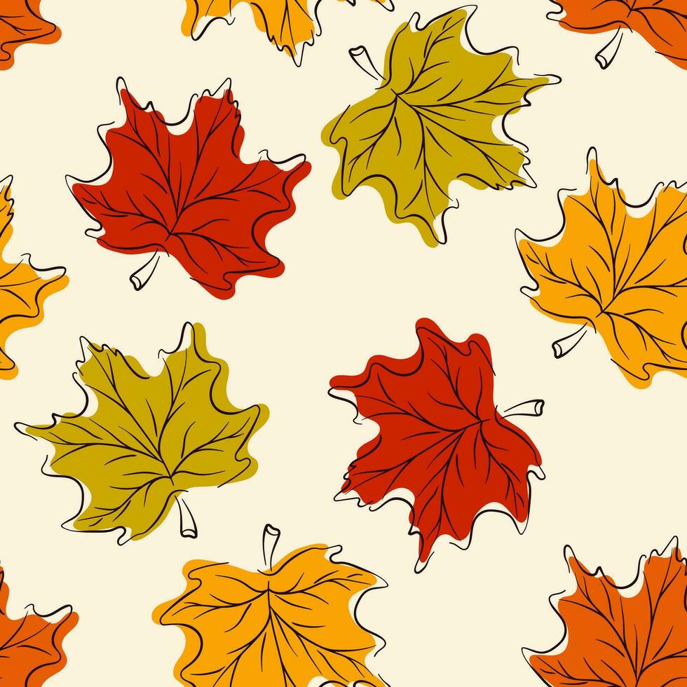 Seamless vector pattern with of autumn maple leaves line art flat style. Fall background, wallpaper.