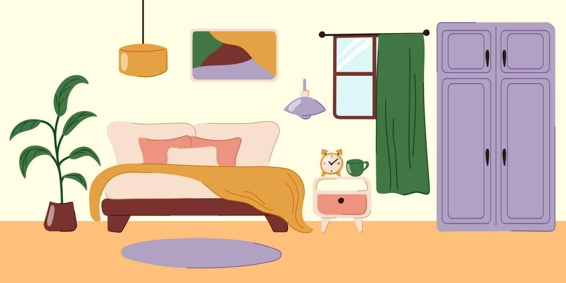 Vector doodle flat interior of bedroom. Living apartment with furniture - double bed, dresser, carpet and house plant. Vector illustration.