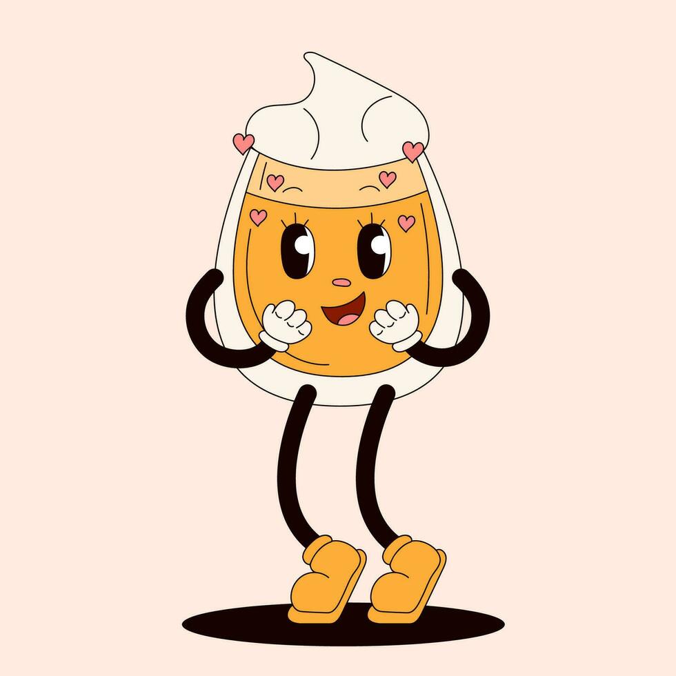 Love groovy character in shape of cup of coffee. The comic character with hearts in trendy retro cartoon style. Vector illustration isolated on a peach background.