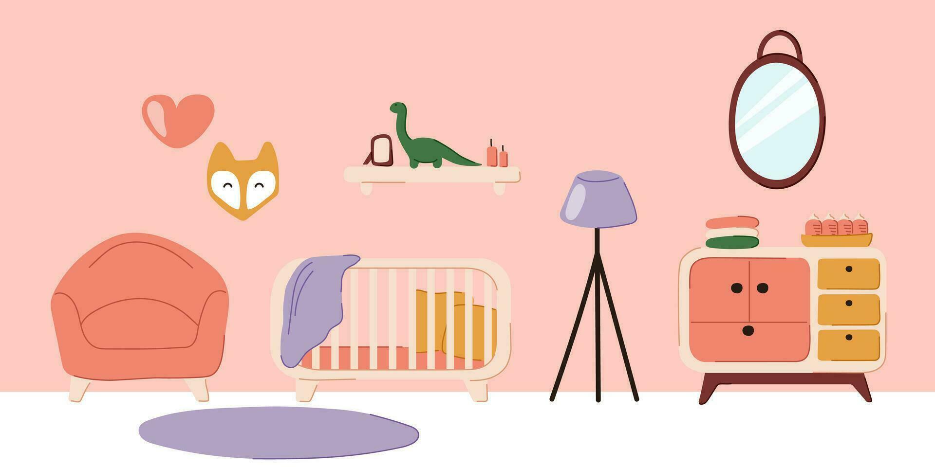 Baby room, nursery bedroom with cot bed, furniture, carpet, floor lamp and mirror. Child room interior in doodle flat style with cradle and baby toys mobile. Vector illustration.