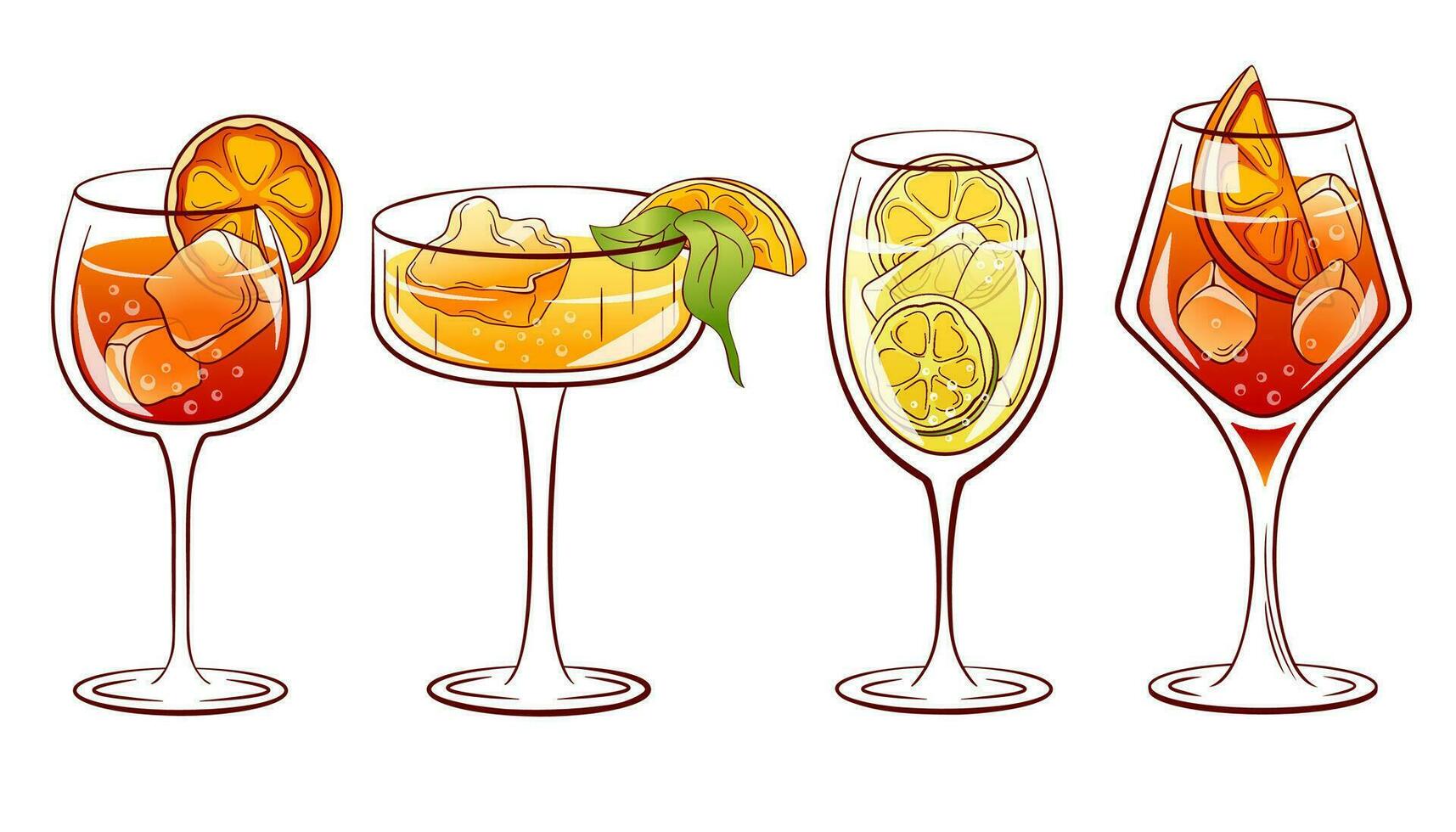 Alcoholic summer cocktail collection aperol, limoncello, hugo, campari spritz. Set of alcoholic cocktails. Vector illustration isolated on a white background.