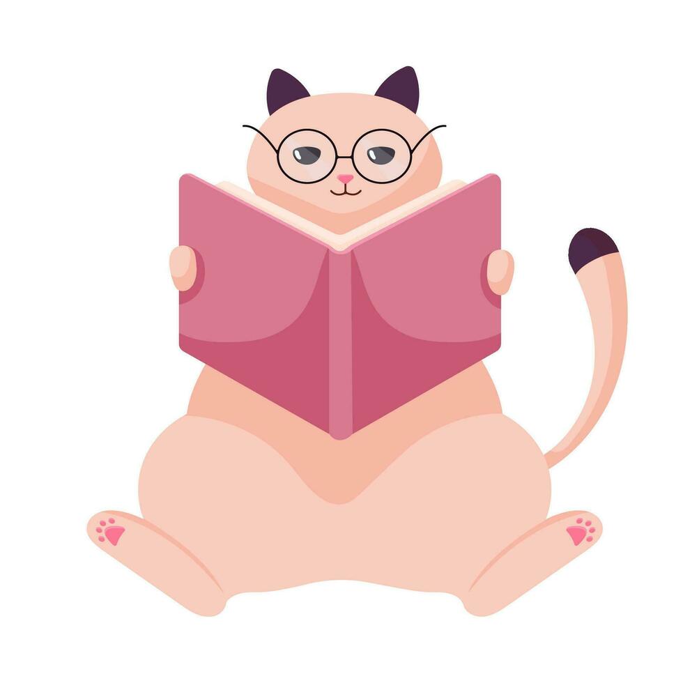 Cute cat in glasses reading book flat vector icon illustration. Cat study isolated on white background. Flat Cartoon Style