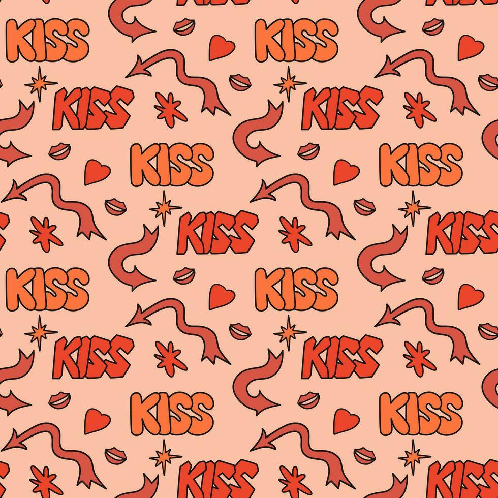 90s style seamless pattern with word Kiss and arrows. Hand drawn lettering in bubble, street style graffiti and y2k style. Hearts and lips. Perfect for Valentines decoration, background. vector