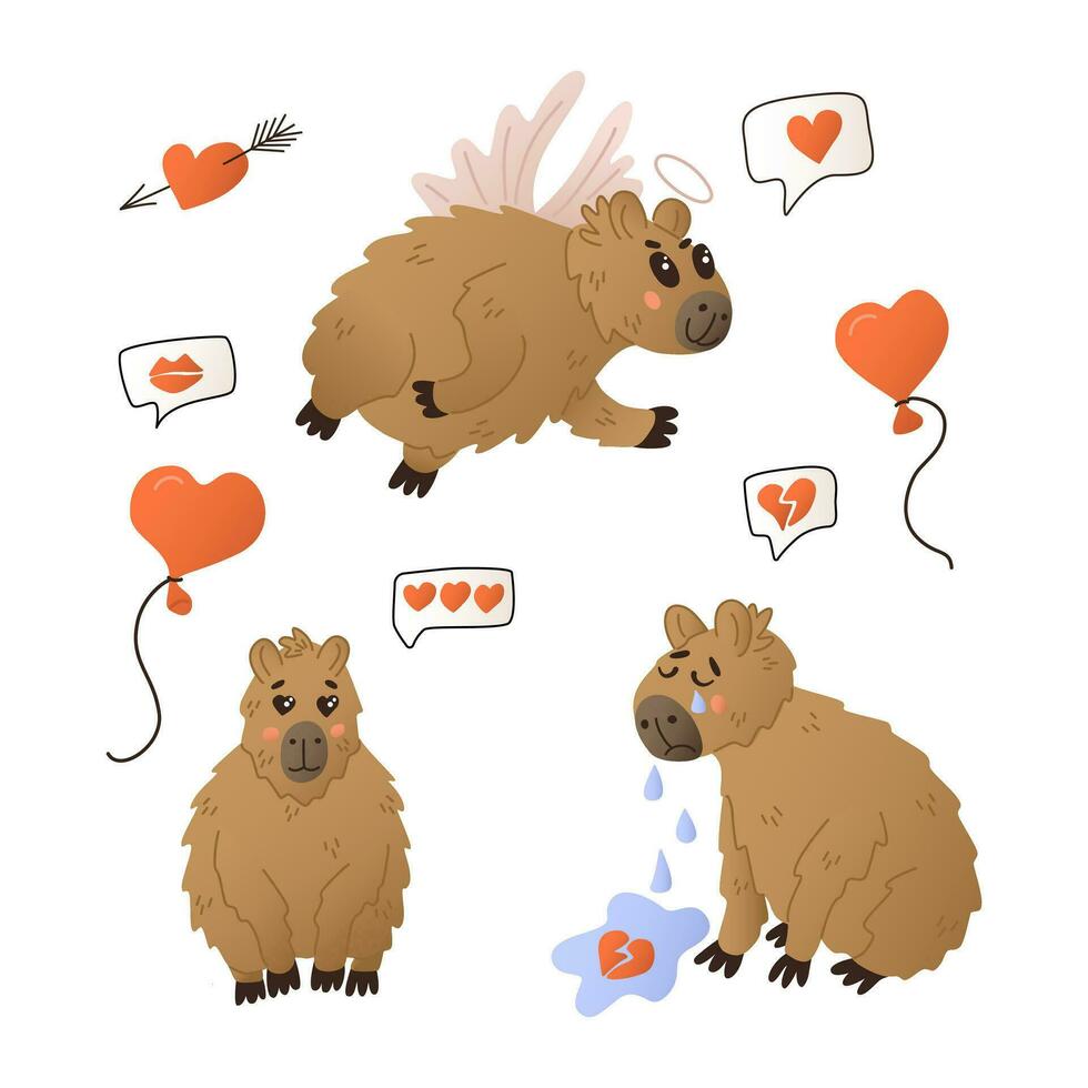 linda mano dibujado plano capibaras en amor. S t san valentin día concepto. gracioso plano animales caracteres con emociones y sentimientos. aislado conjunto en blanco antecedentes. infantil ilustración para pegatina vector