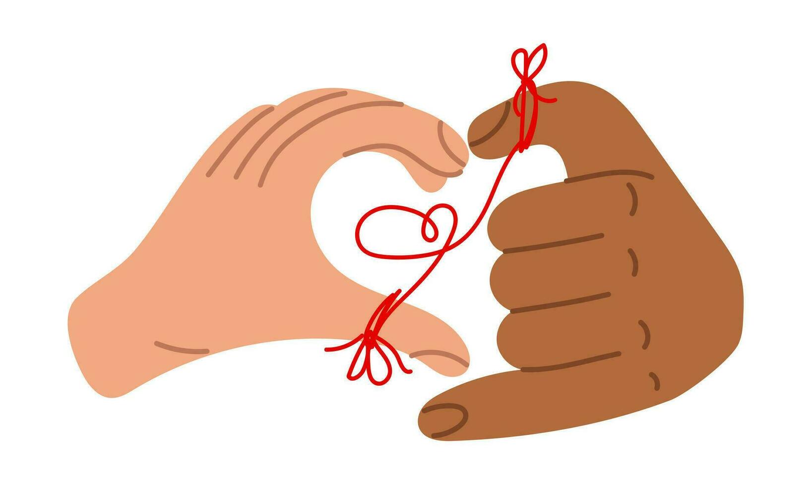 Hands with a heart sign, the designation I love you. Valentine's Day images, heart shapes with different hands. A thread connecting two people. A variety of hands. Halves with different hands vector